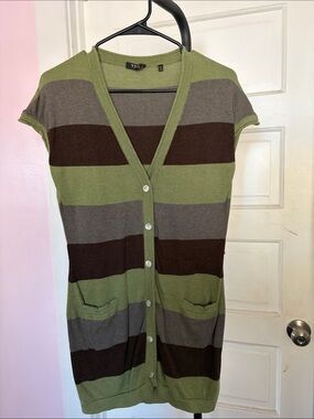Striped Button-Front Short-Sleeve Sweater Cardigan - Green/Brown/Gray